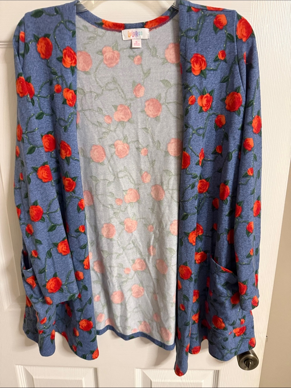 LuLaRoe Blue Cardigan with Red Rose Print